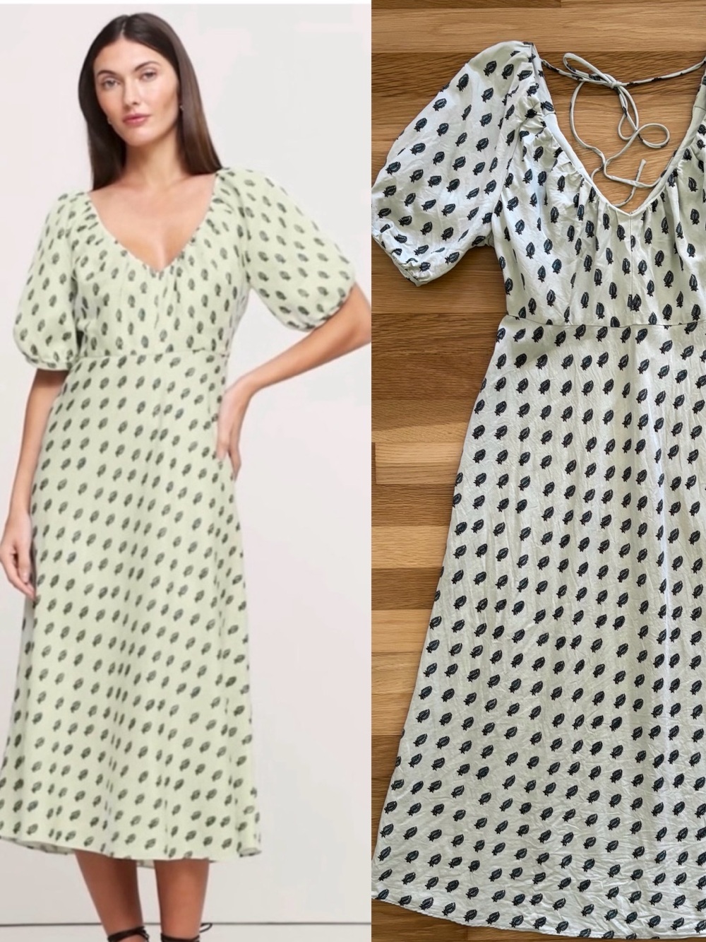 Linen Blend Midi Dress - Mint Green, Puff Sleeves - Natural Fibers - Size 8